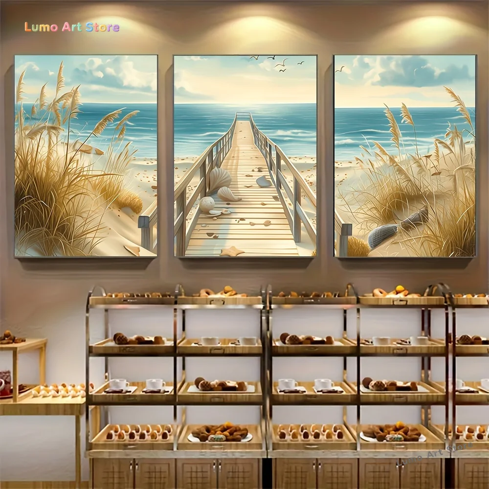 3pcs Coastal Landscape Canvas Wall Art Set, Frameless Beach Dunes & Wooden Bridge Prints, Pampas Grass Seascape Posters for H