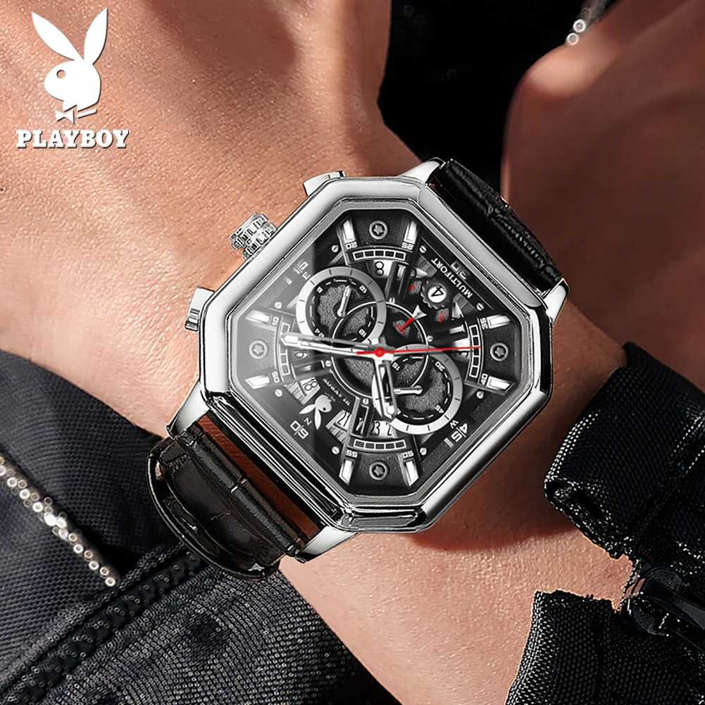 PLAYBOY High Quality Luxury Quartz Men Watch Leather Strap Fashion Waterproof Watches for Men Business Casual Men\'s Wrist Watch