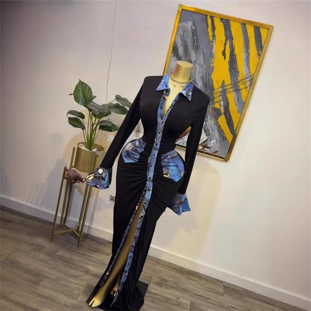 여성 섹시 긴팔 데님 패치워크 블랙 바디콘 맥시 드레스 생일 셀럽 고품질 파티 디자인 칵테일 드레스