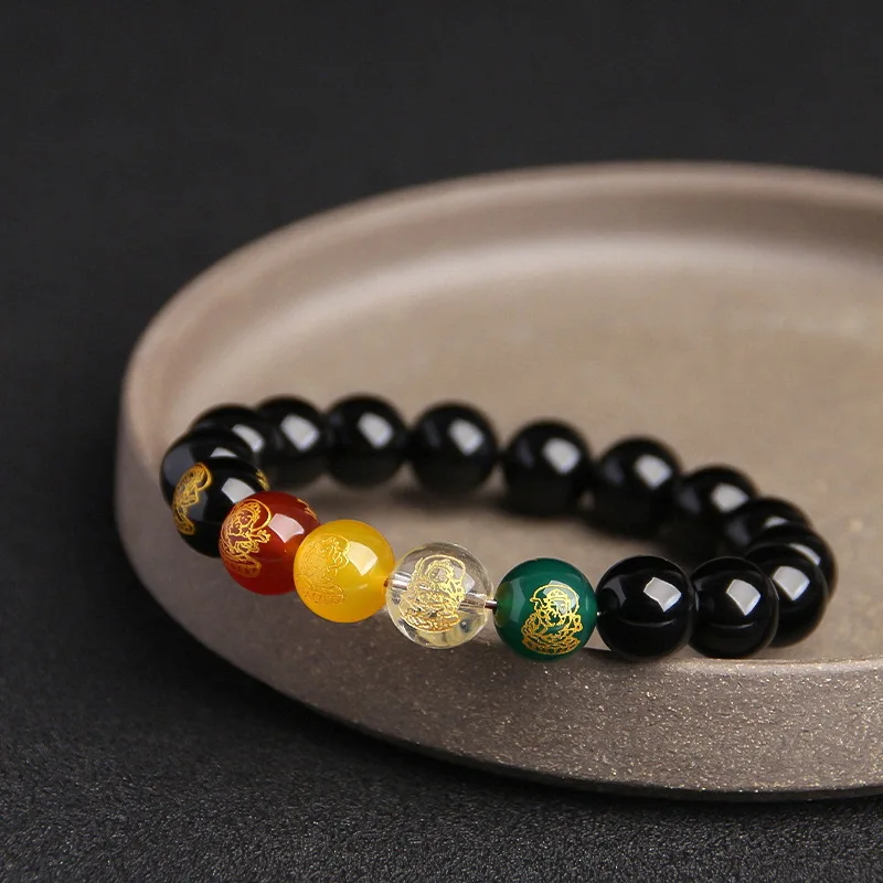 2026 Obsidian Agate Bracelet: Chinese Zodiac Fortune-Bringing Five Gods of Wealth Couple Bracelet Gift for Women