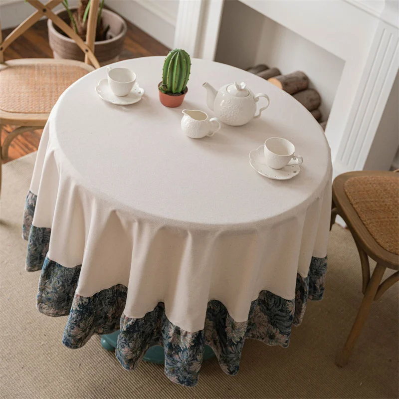 Cotton Linen Tablecloth Blue Printed Round Tablecloth Oil-Proof And Anti-Scald Table Mat Coffee Table Cover Home Decoration Set