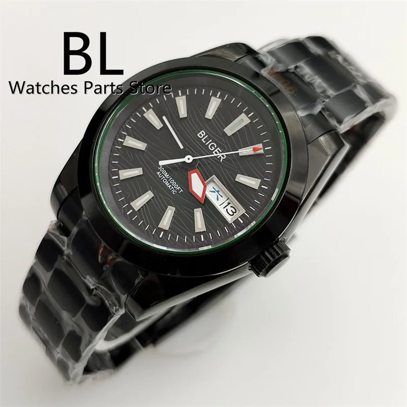 BLIGER 36mm/39mm Full Black Watch For Men Brushed Coated With Green Chapter Ring Sappire Glass Weekday Dispaly Steel Bracelet