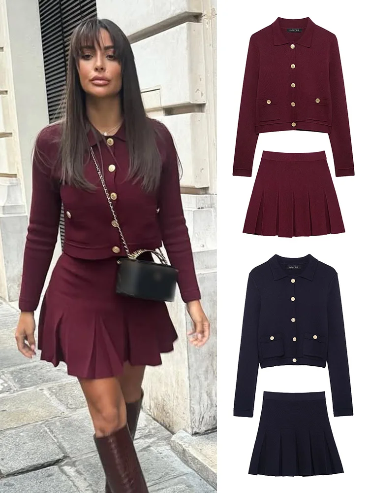 Frauen Elegante Burgund Gestrickte Rock Set Lange Ärmel Revers Einreiher Strickjacke Weibliche Hohe