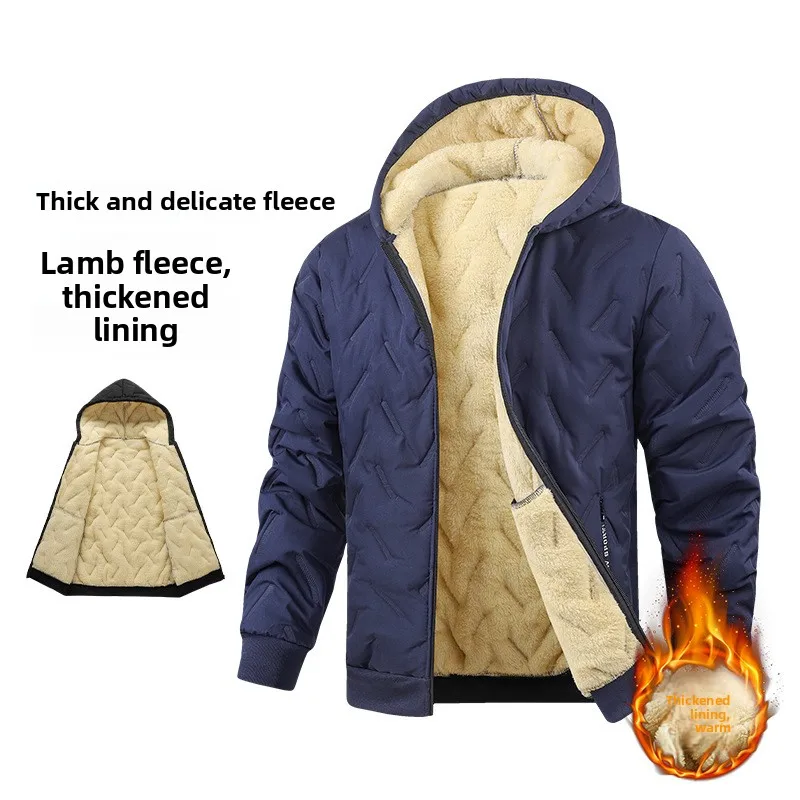 

Thickened Fleece Lined Ultrasonic Cotton Jacket Men's Warmth Winter Coat Hooded Polyester Fiber Regular Sleeve Long Zipper