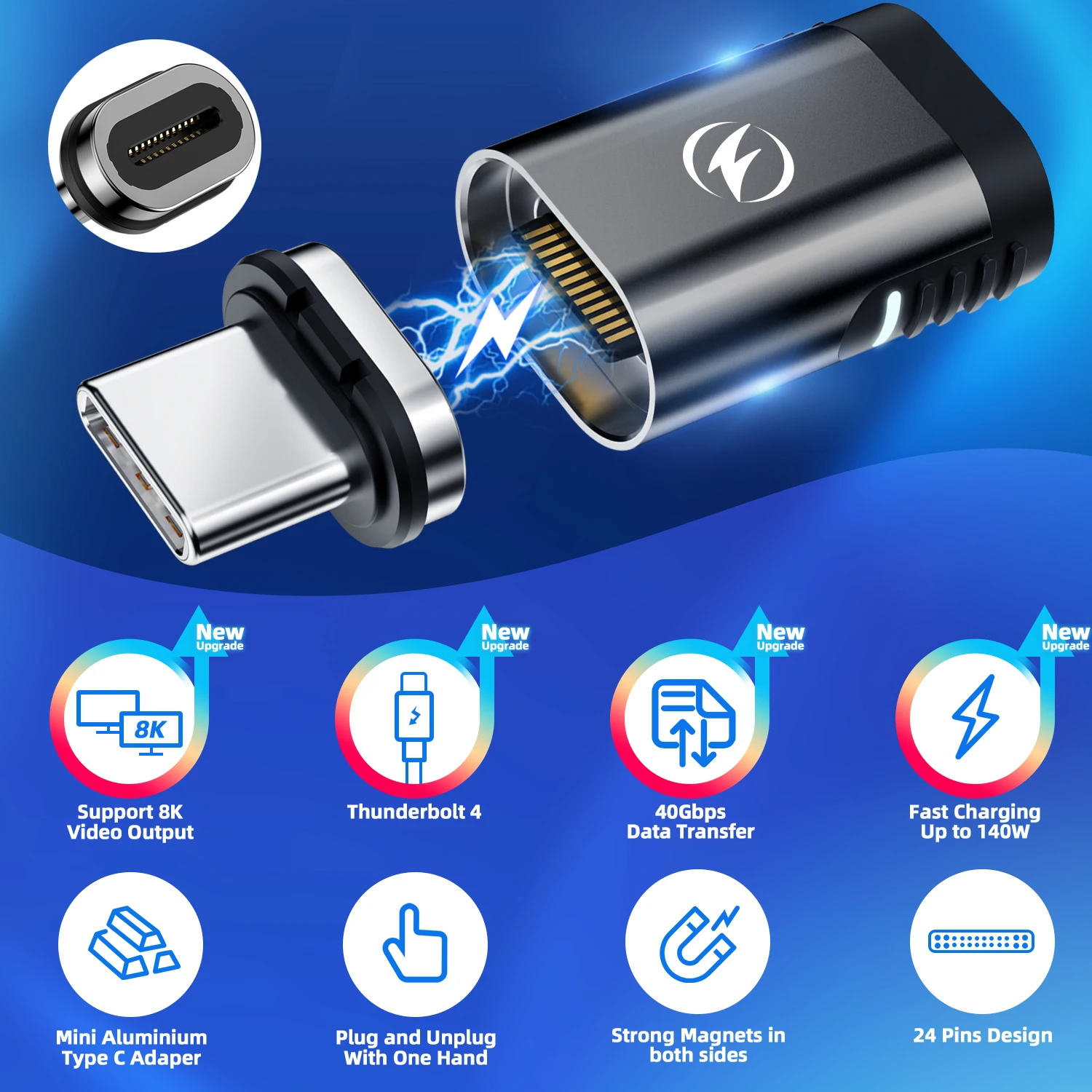 24Pins USB 4 Magnetic Adapter Type C 140W for Macbook Pro Air Samsung 40G 20G 8K@60Hz USB C Fast Charge Magnet Converter
