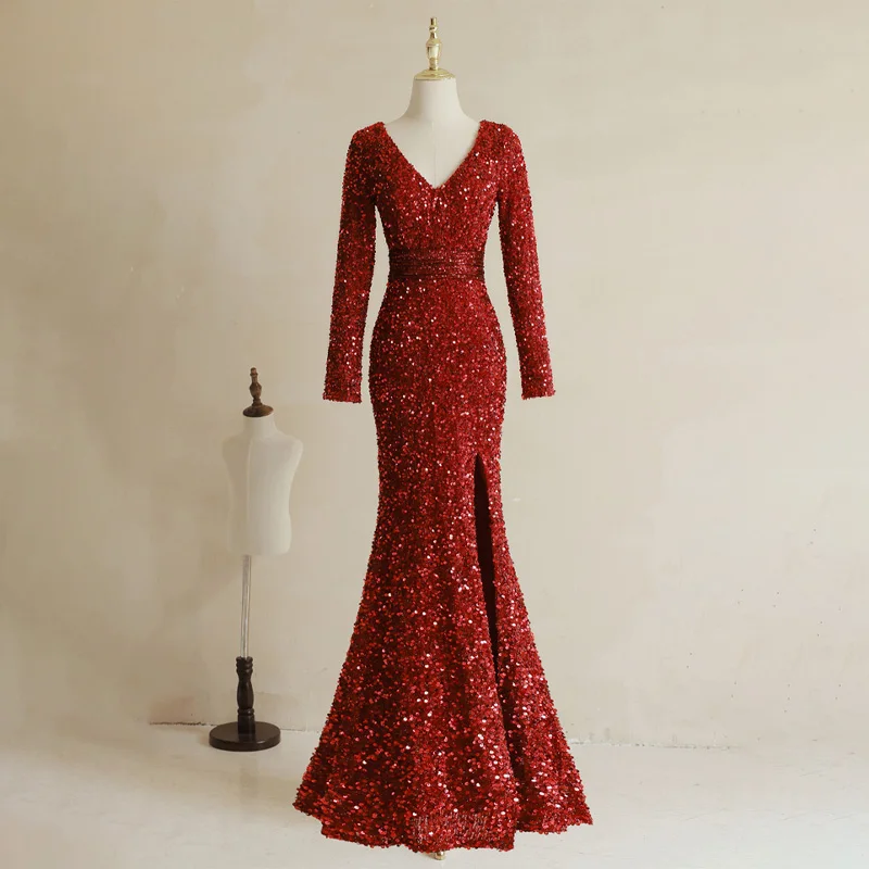 

Evening Dress Burgundy Pleat Floor-Length Full Sleeves Sequins Zipper Back Mermaid Simple New Party Formal Dresses Woman B2852