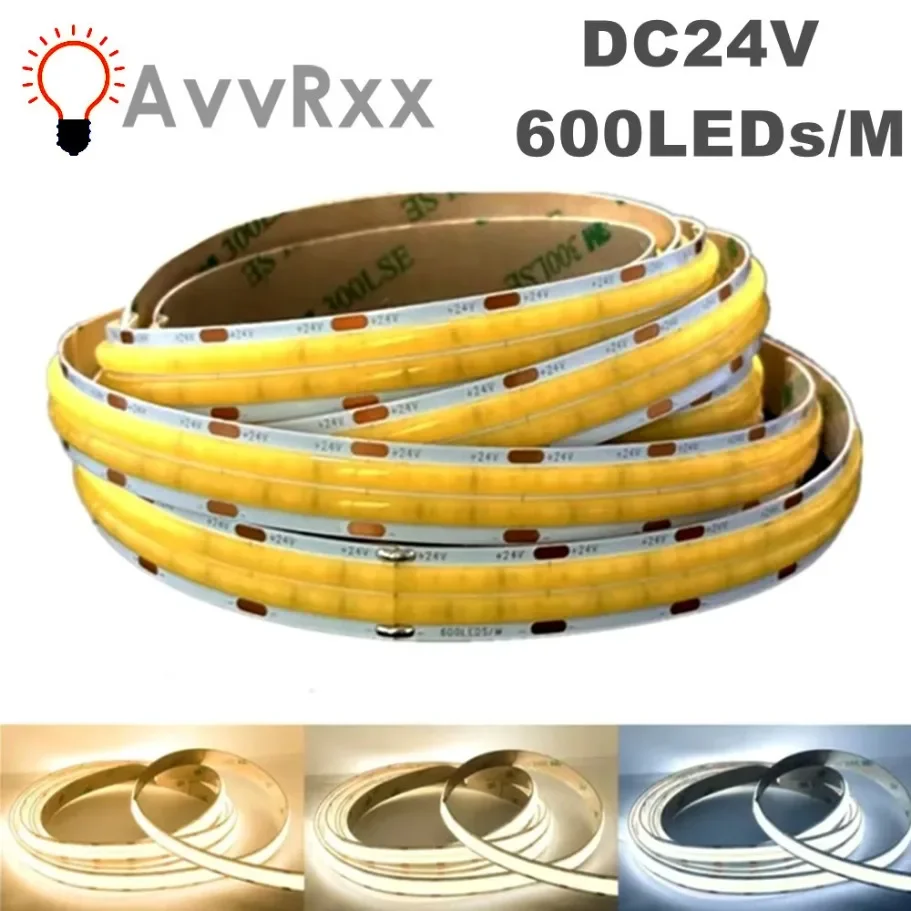 Double Row Flexible COB LED Strip DC24V 600LEDs/M 3000K 4000K 6500K Dimmable LED Lights 2000LM/M Super Bright High Density Strip