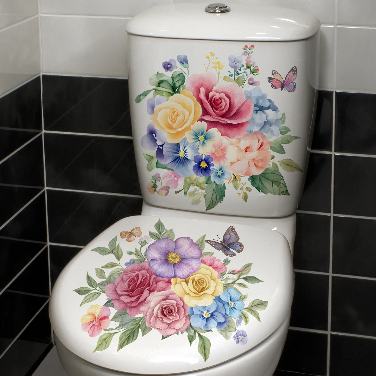 2PCS Painted Flower Bathroom Toilet Stickers Home Wall Waterproof Wall Stickers