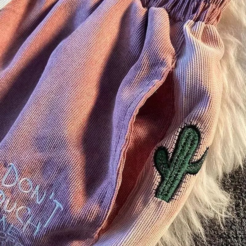 Vintage Shorts Femmes Pantalon Baggy S-3XL Broderie Harajuku Taille Élastique Adolescents Velours Côtelé D'été Kpop Tendance Y2k Couple Vêtements