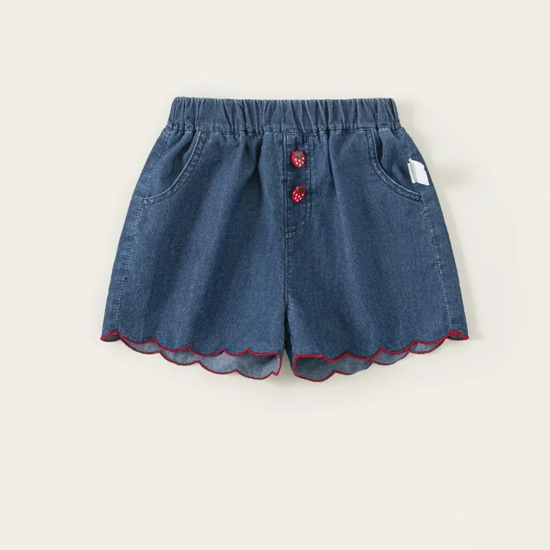 

2025 Summer New Children's Cowhide Waist Strawberry Button Decoration Denim Shorts