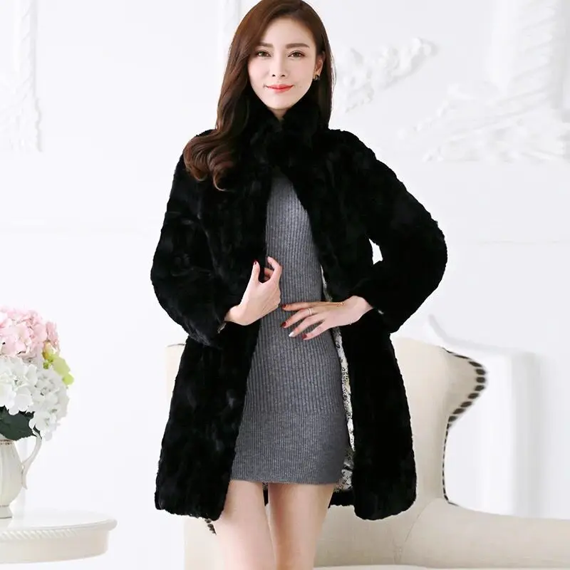 معطف فرو أرنب حقيقي طبيعي حقيقي للنساء معطف متوسط الطول بياقة واقفة للخريف والشتاء دافئ