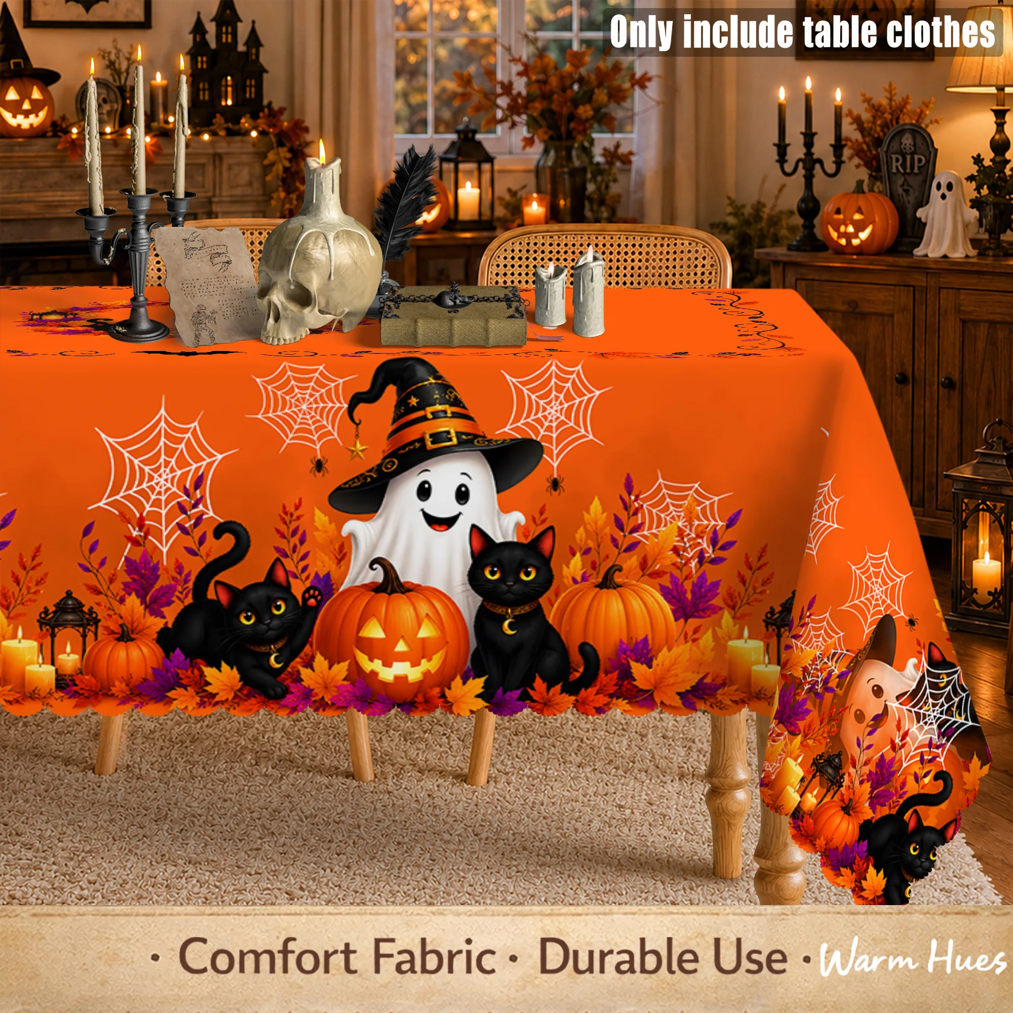 1 piece, orange Halloween ghost-themed tablecloth, featuring Halloween pumpkins, black cats, ghosts, and spider webszyc