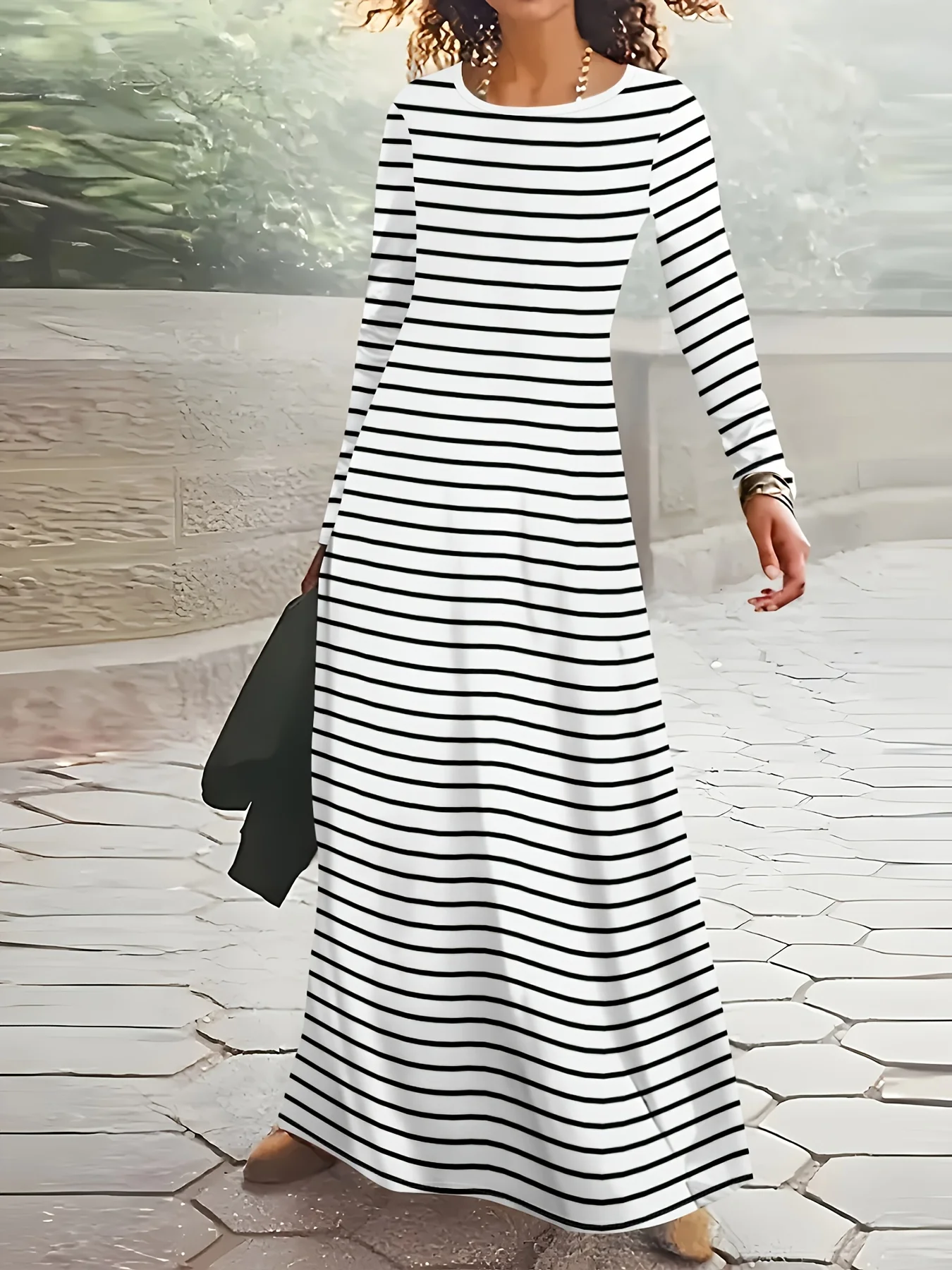 Women's Long Sleeve Round Neck Striped Dress Casual Office Work A Line Midi Dress Spring Autumn Fashion Solid Color Slim Fit