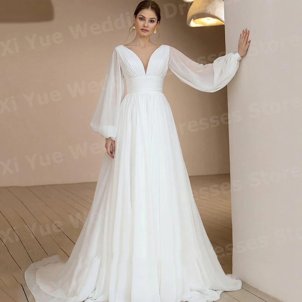 

2025 Simple A Line Women's Wedding Dresses Sexy V Neck Vestidos De Novias De Boda Bride Gowns Customized Long Sleeve Vestidos