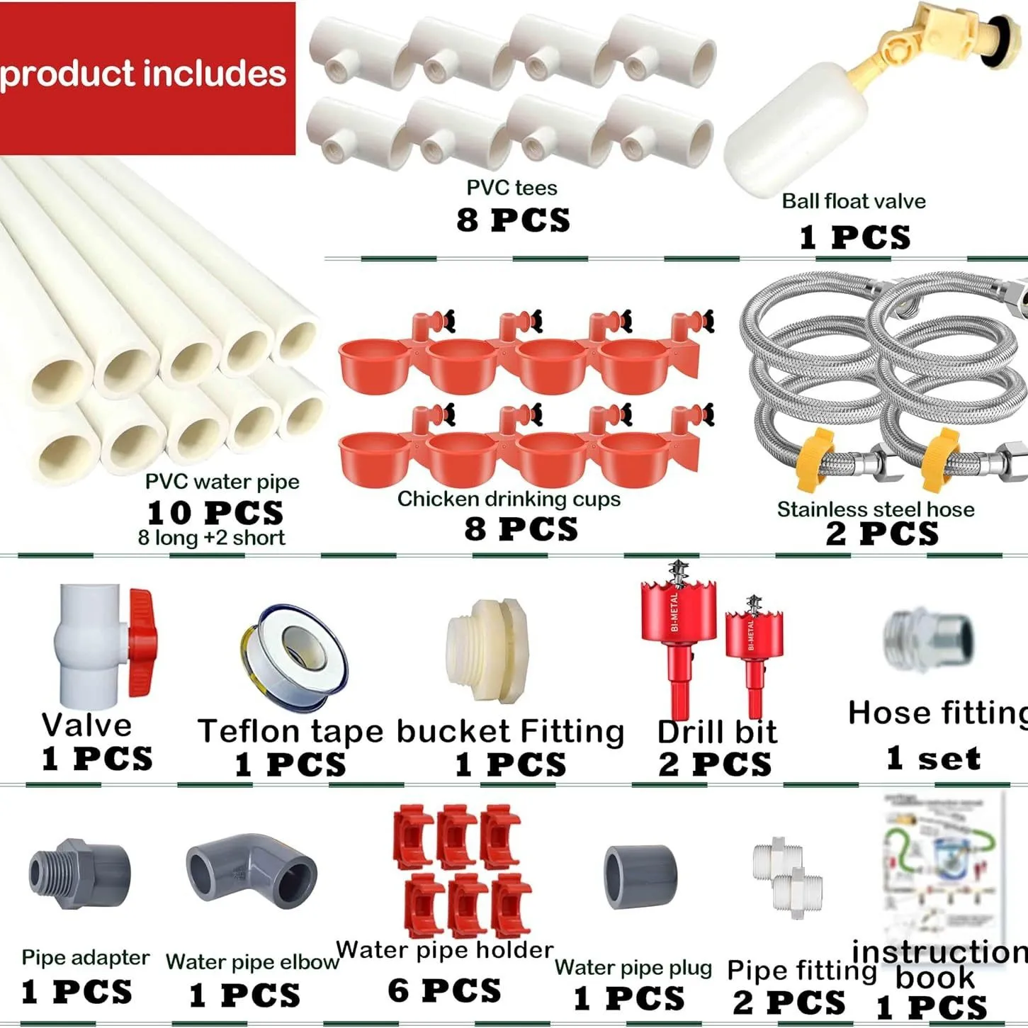 Complete Kit Automatic Chicken Nipple Drinker, PVC Tee Fittings Pipe Assembly, Poultry Waterer & Feeder Accessories