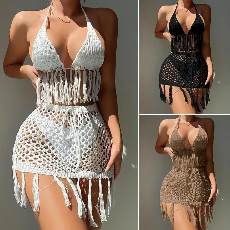 かぎ針編みビキニセットツーピースセクシーな水着女性ティーンビーチウェア夏タッセル結合ロープニットホリデー