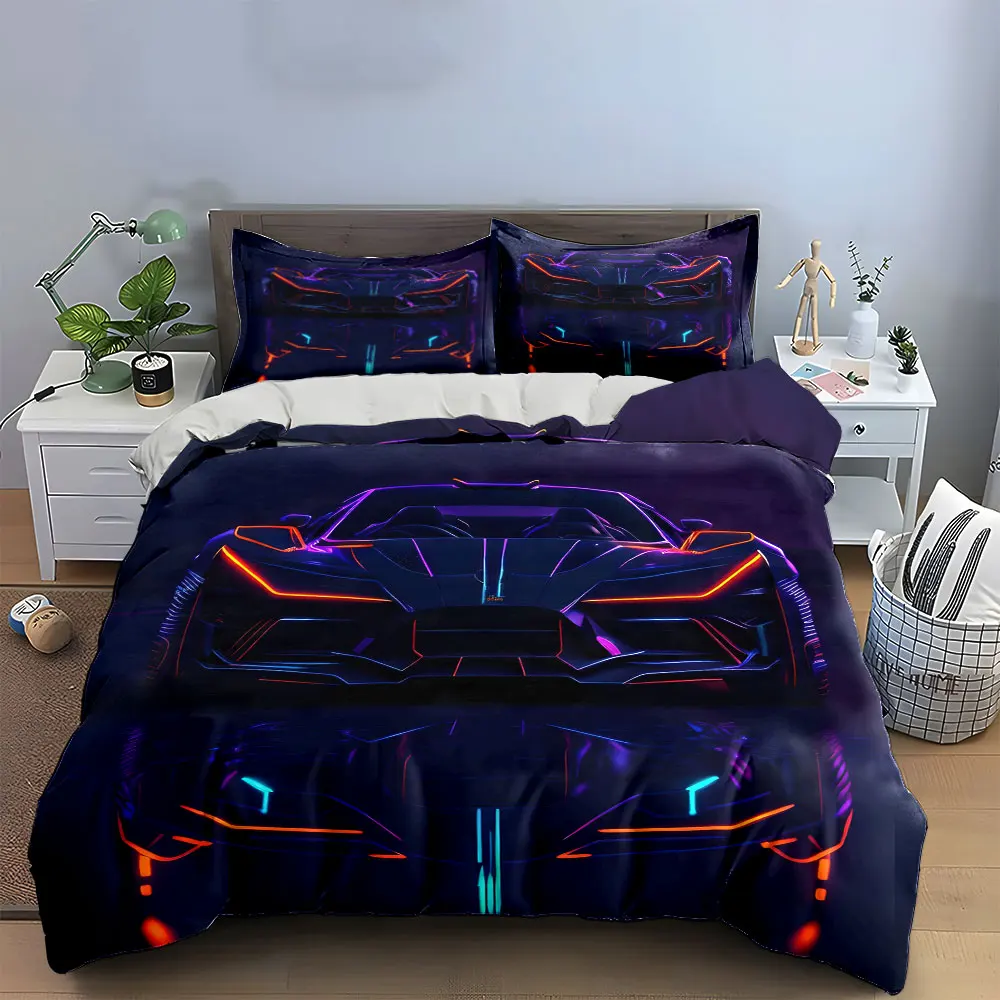 Cyberpunk Neon Futuristic Hypercar Bedding Set,Dark Night Glow Sports Car Reflection Print Duvet Set,Cool 3pc For Racing Fans