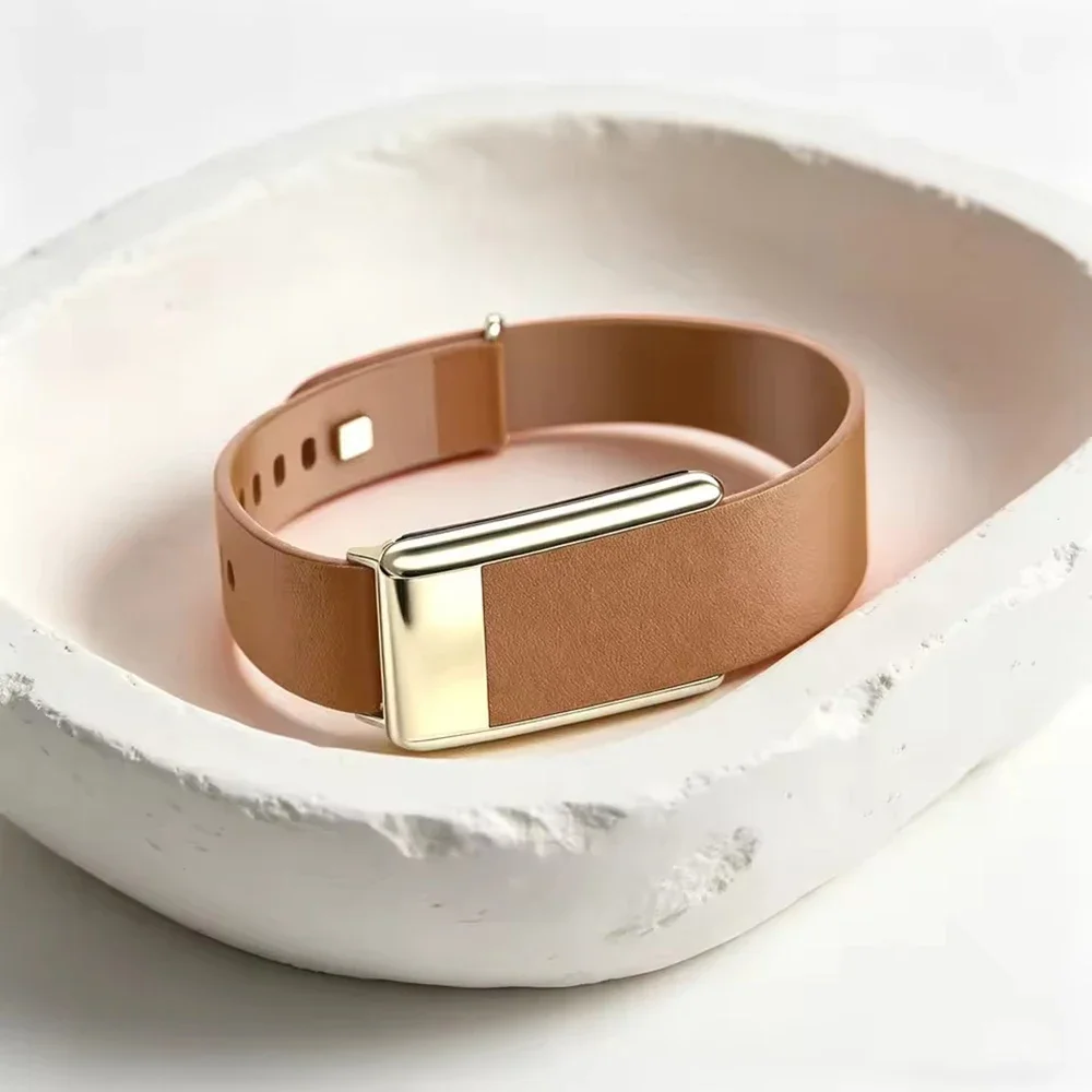 Luxury Top-Layer Cowhide Leather Wristband Compatible With WHOOP 5.0/5.0 MG Fitness Tracker Polished Silver U-Shape Metal Buckle