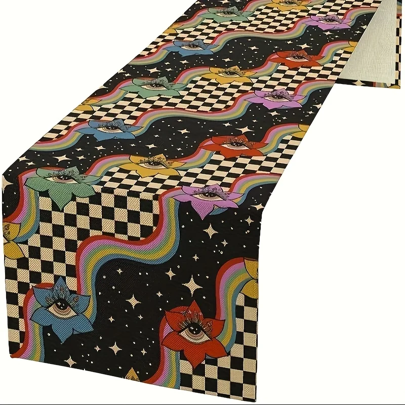 1 Piece of Hippie-Style Plaid Rainbow-Vintage Floral Geometric Pattern Table Runner, Suitable for Farmhouse, Indoor, Kitchen, Celebrations, Table Decoration, Restaurant, and Banquet Decoration Supplies