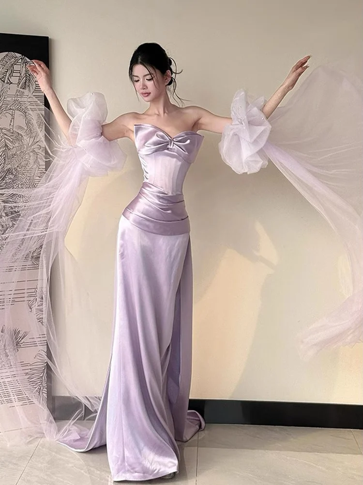 

Элефиолетовый утренний халат для невесты на день рождения, церемония для взрослых, элитное атласное вечернее платье, свадебное платье длиной до пола