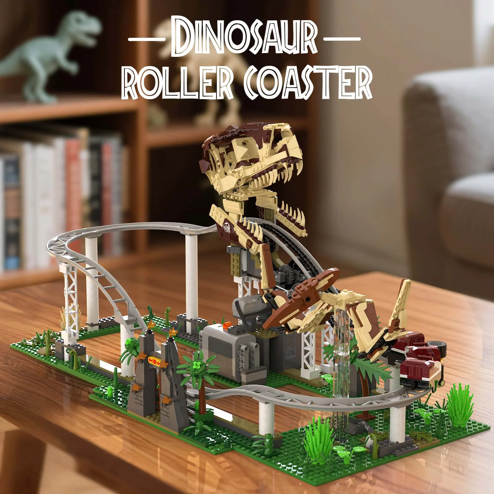 MOC 1291 pièces Kit de blocs de construction de montagnes russes dinosaures, jouet de tapis pour les amateurs de dinosaures et cadeau parfait de Noël et d'anniversaire