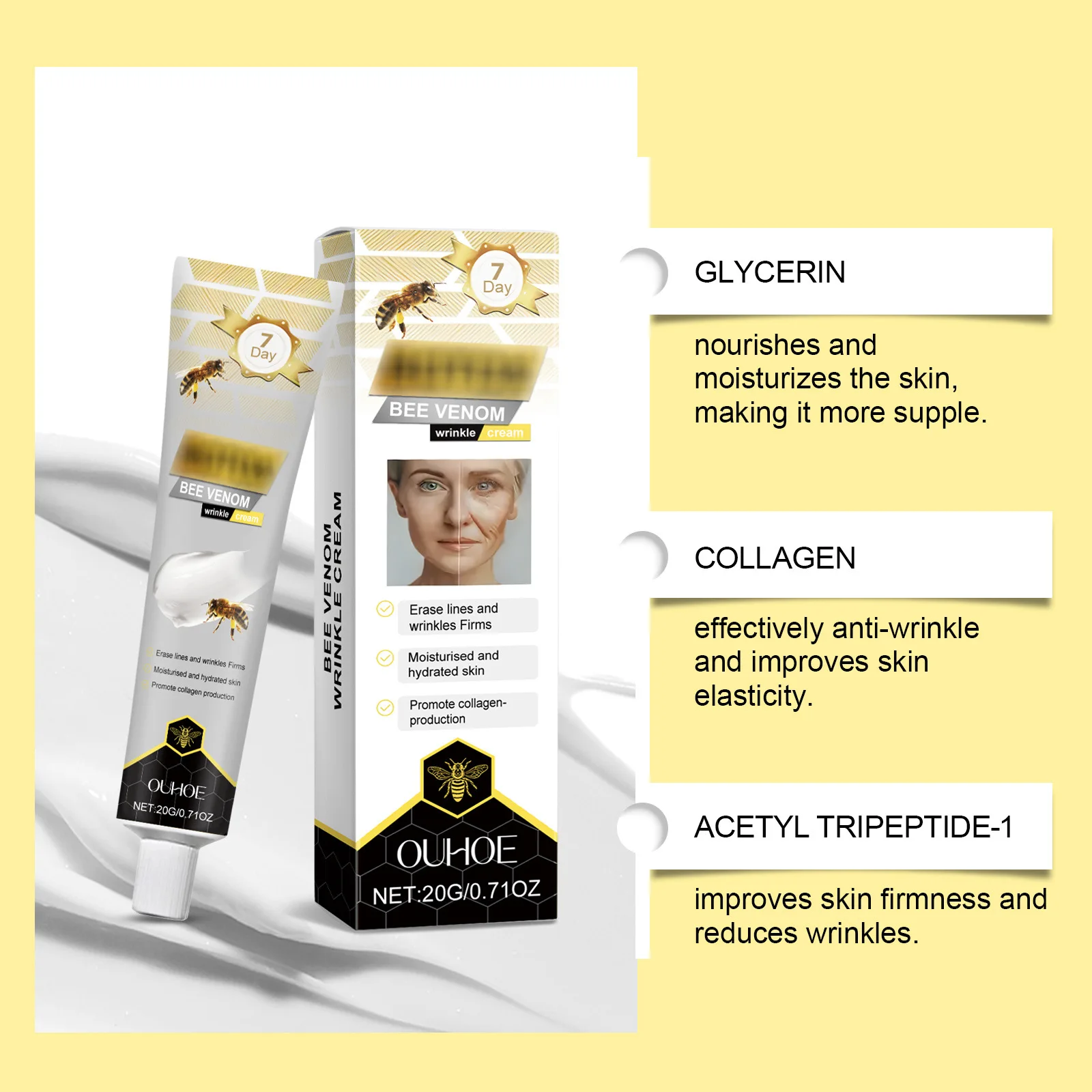 Removedor instantâneo de rugas, creme de veneno de abelha, endurecimento intenso, levantamento, brilho, hidratação profunda, tratamento facial, cuidados com a pele