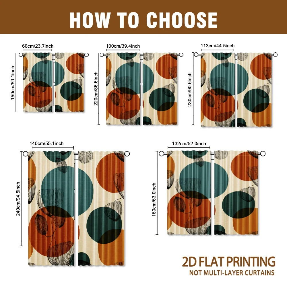 dark green orange geometric line-drawn plant curtains, with pole-style design, suitable for living rooms, bedrooms study rooms