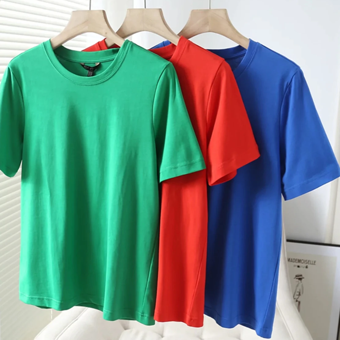 

Maxdutti 2023 England Style Basic Multicolor Fashion Simple Pure Color Round Collar Quality Casual Tshirts Women Tops