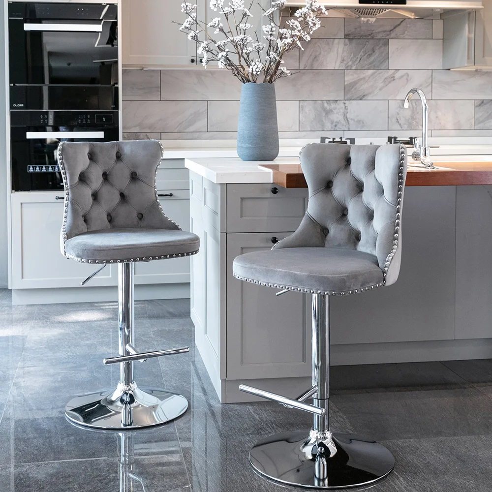 

Set of 2 Swivel Velvet Barstools Adjusatble Seat Height from 25-33 Inch Modern Upholstered Chrome base Bar Stools with Backs