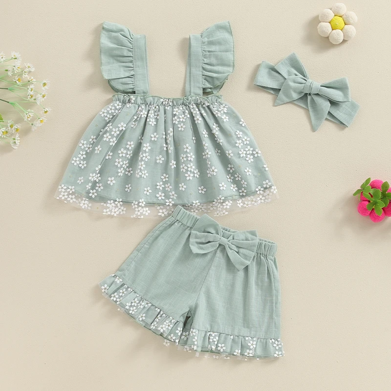 

Toddler Girl Summer Outfit Floral Print Mesh Fly Sleeve Tops Bow Elastic Waist Shorts Headband 3Pcs Clothes Set