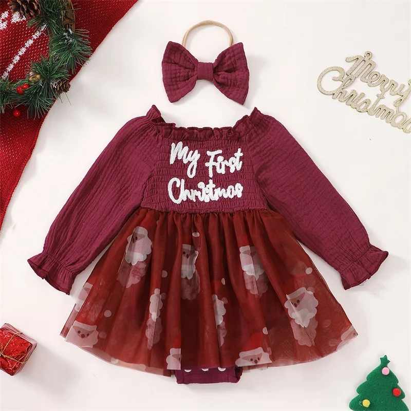 Newborn Baby Girl Christmas Outfit My First Christmas Romper Santa Baby Tulle Dress Headband Infant Xmas Clothes