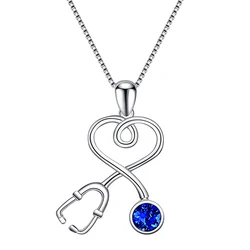 Huitan Stethoscope Heartbeat Design Pendant Necklace for Women Silver Color Fancy Inlaid Blue Cubic Zircon Trendy Female Jewelry