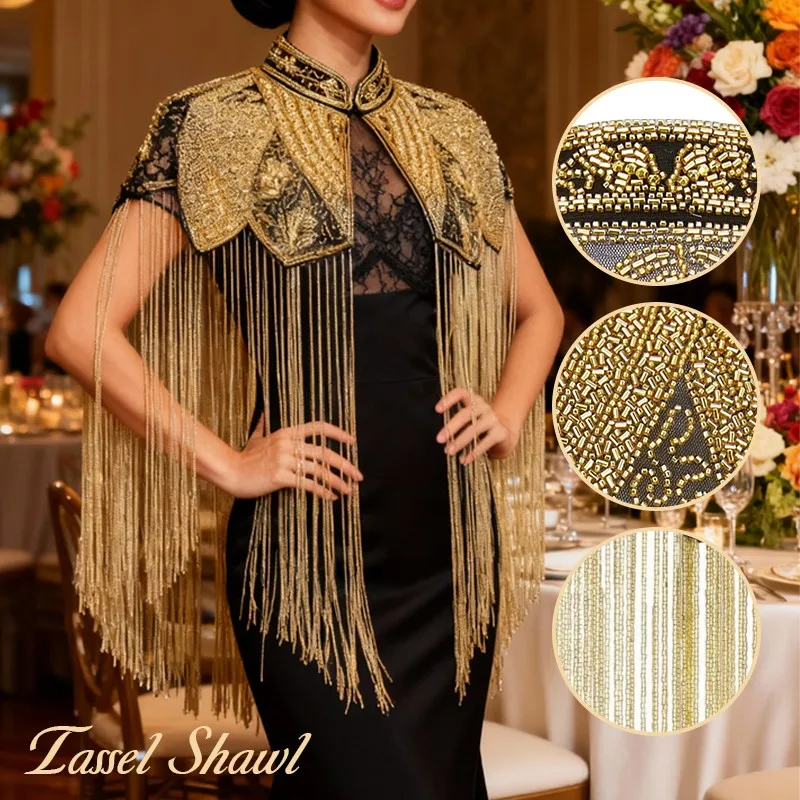 

Indian Style Delicate Beaded Shawl Vintage Women Long Tassel Cheongsam Cloud Shoulder Pad Beaded Fringe Clothing Accessories