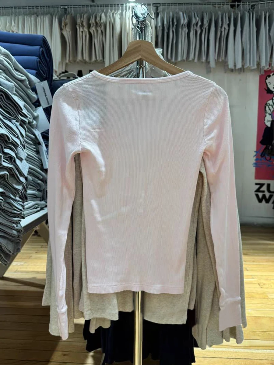 T-shirt manches longues côtelé rose femmes Six boutons encolure dégagée hauts minces T-shirts automne doux décontracté Simple coton T-shirts Y2k
