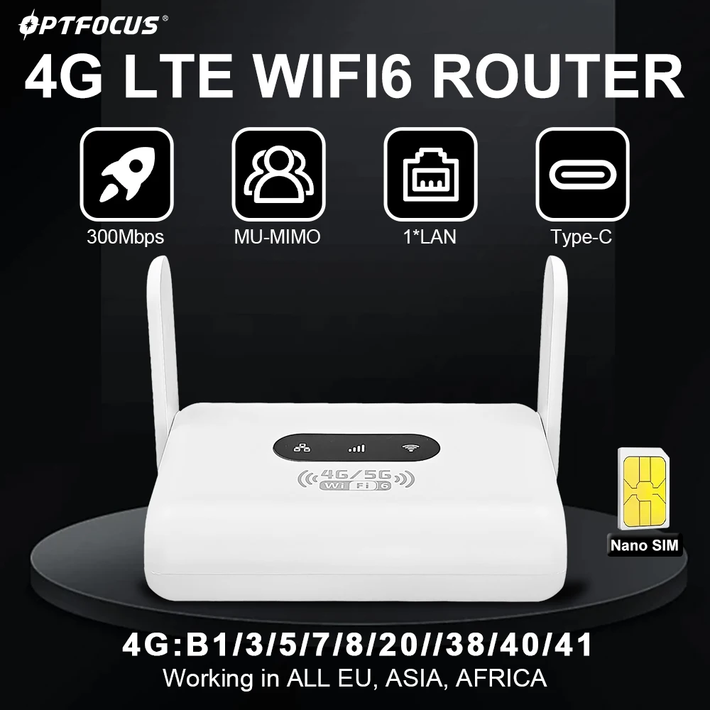 

OPTFOCUS 4G WIFI6 LTE Маршрутизатор 300 Мбит/с WIFI Модем Маршрутизатор для SIM-карты 1 LAN Порт RJ45 Беспроводная точка доступа Маршрутизатор Sim CPE с 2 антеннами