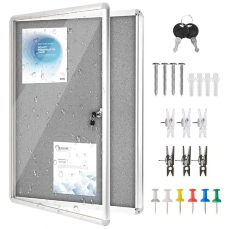 

38"x28" Enclosed Bulletin Board Tamper-Proof Dispaly CaseGrey FabricandAluminium Frame Shatter Resistant Lockable Bulletin Boar