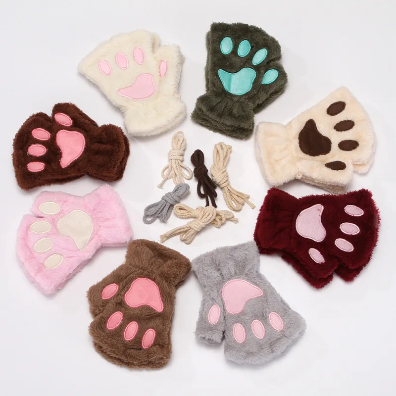 Cute Women Cat Claw Paw Gloves White Plush Half Finger Gloves Faux Fur Writing Cycling Gloves Winter Warm Short Mittens