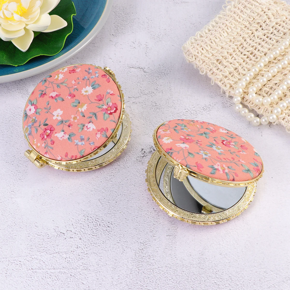 2 Pcs Travel Mirror with Lights Purse Pocket Makeup Mini Wallet for Woman Metal Folding Double-sided Round Miss