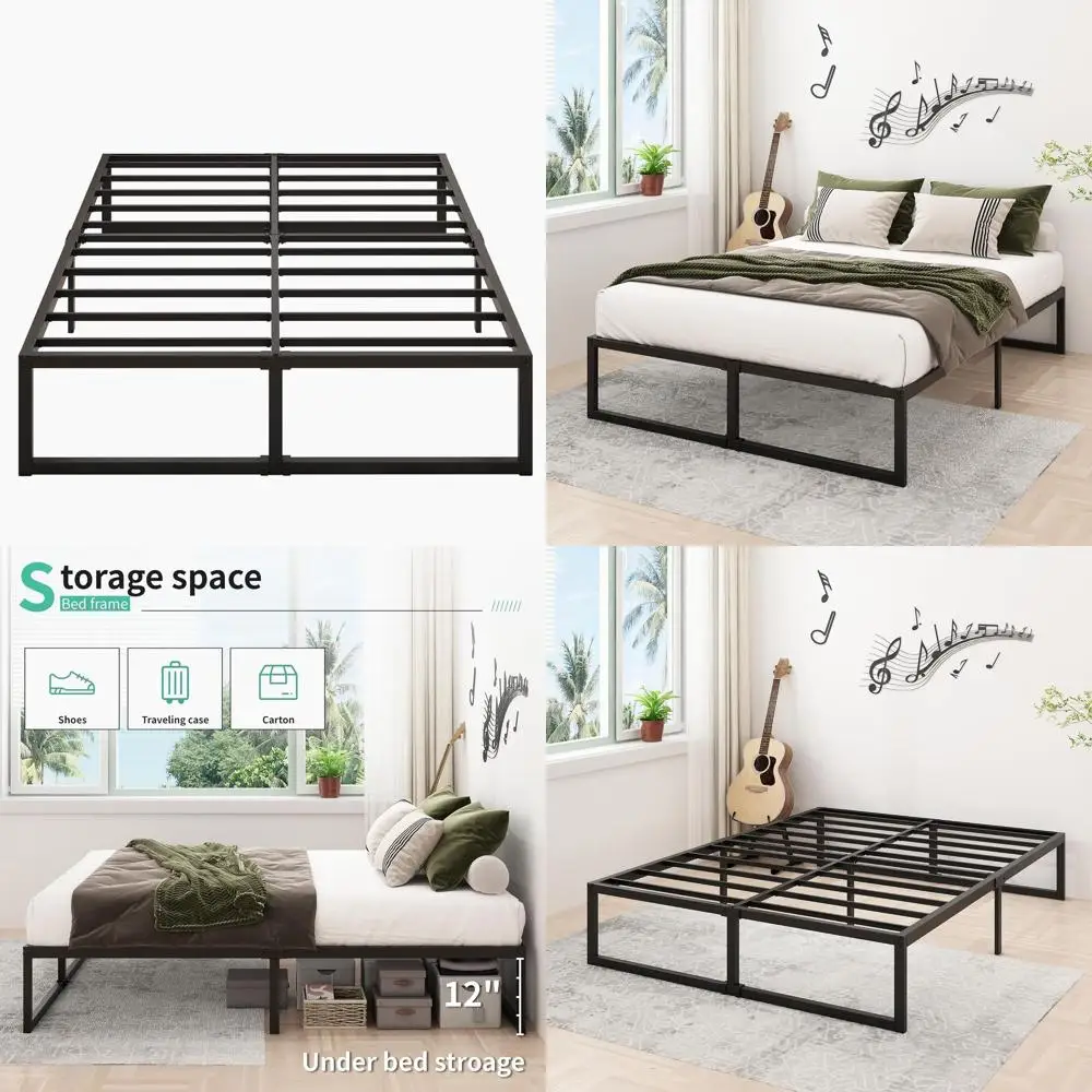 إطار سرير معدني بحجم كوين مع شرائح فولاذية شديدة التحمل، لا يتطلب صندوق زنبركي، سهل التجميع، أسود #1