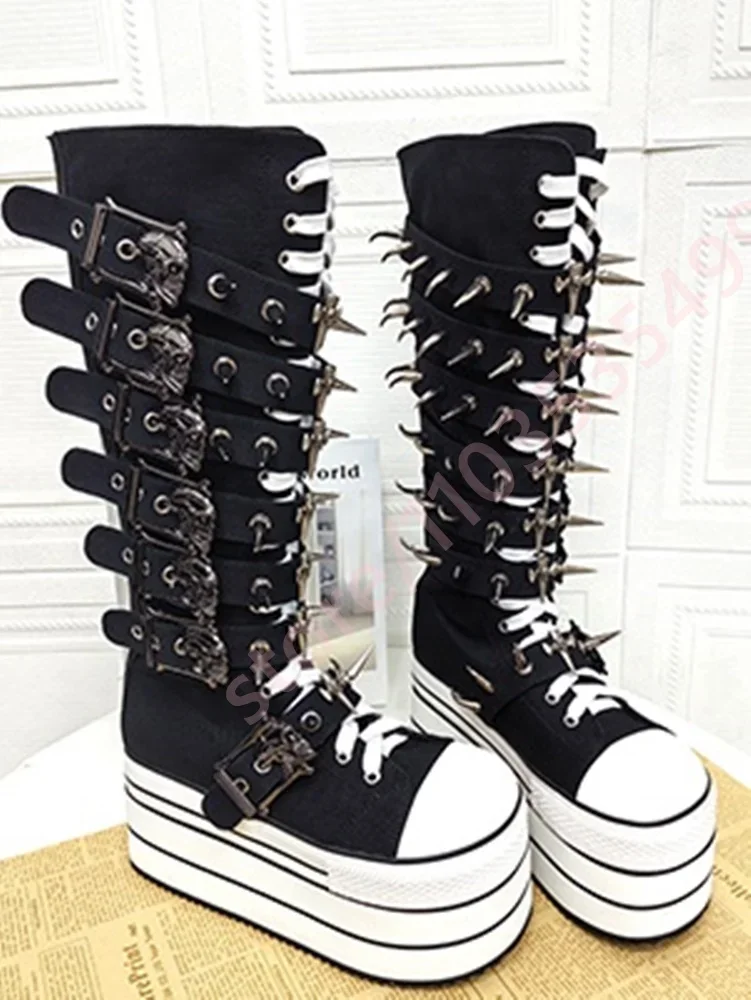 

Women's Chunky Punk Belt Buckle Rivet Canvas Boots Round Toe Winter Lace-Up Long Fashion Party Stage Street Boot