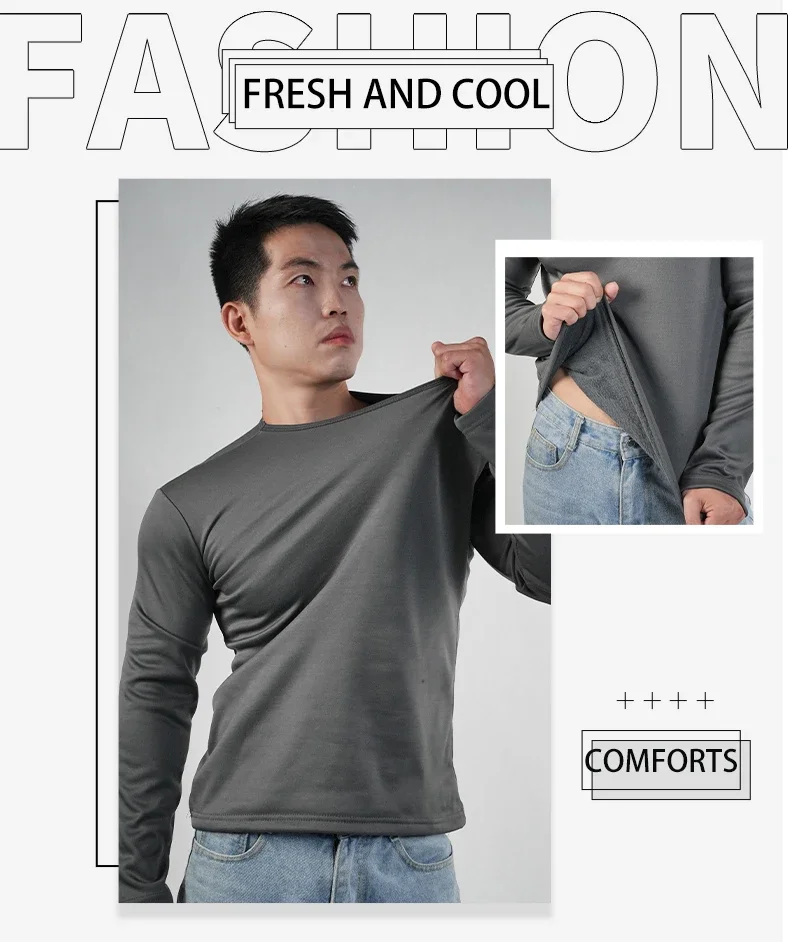 Herren-Thermo-Unterwäsche, Oberteile, Winter-Langarm-T-Shirt, Unterhemd, dickes Fleece-Oberteil, warme Kleidung, Oversize-Basis-T-Shirt. – Detail 1