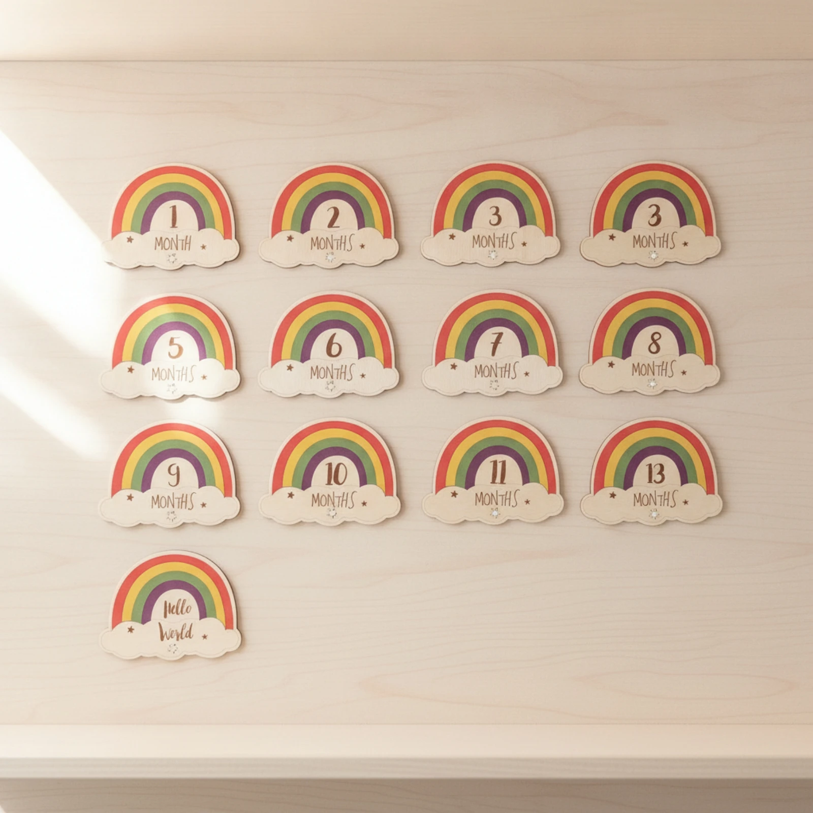 13 Pieces Rainbow Milestone Plaques with Base Natural Wooden Milestone Plaques Baby Photo Props Smooth Sign Cute for Newborns