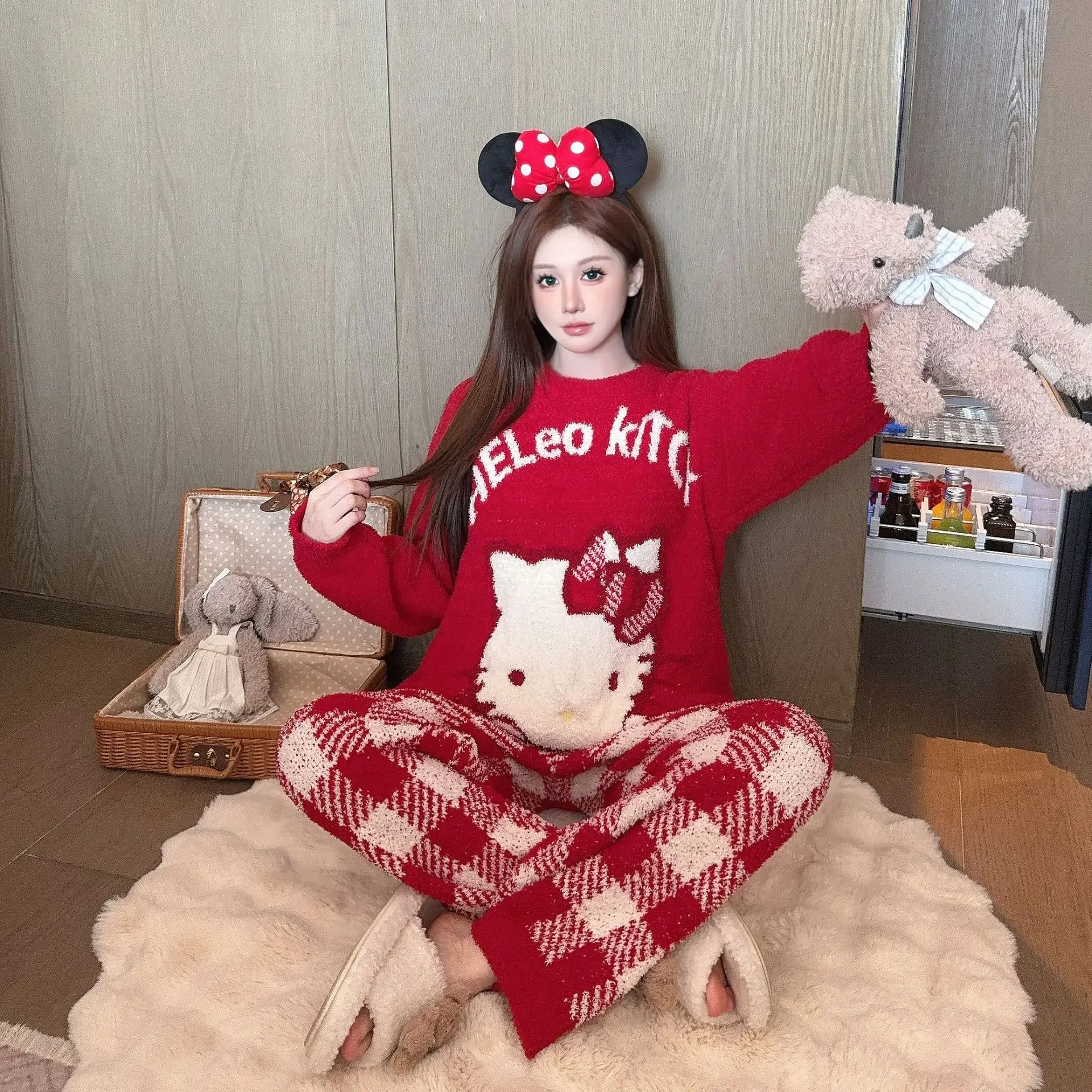 Red Hello Kitty Fleece Pajamas Long Sleeve Top Plaid Pants Soft Autumn Homewear Winter Sleepwear Clothing Sets for Women