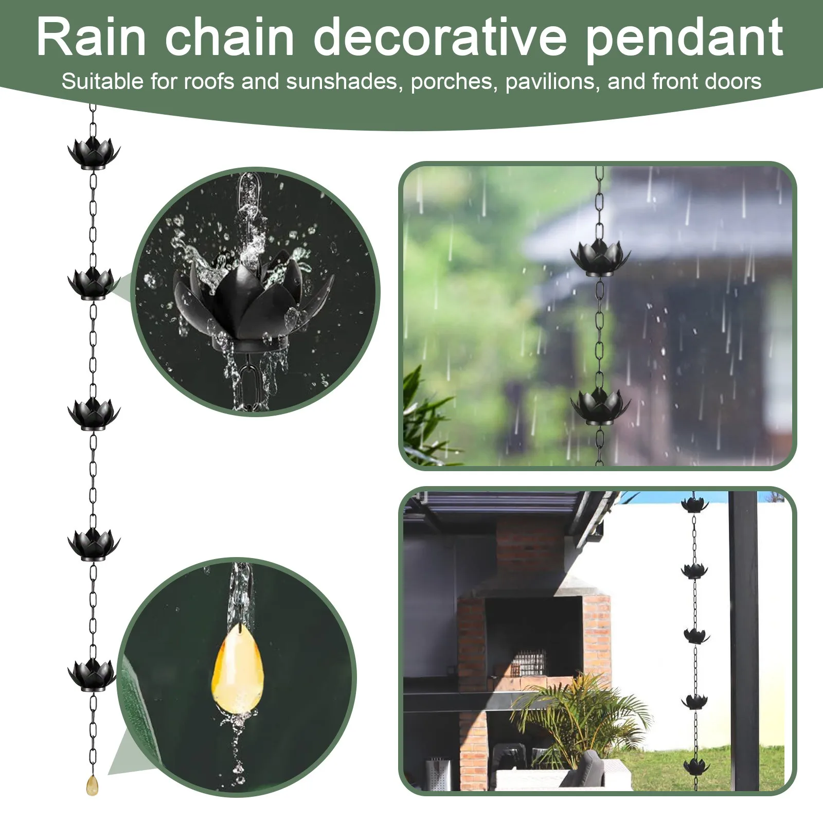 Adjustable Black Pow Elegant Lotus Rain Chain For Outdoor Gutters Divert Water With Stylish Rain Cups, Downspout Replacement