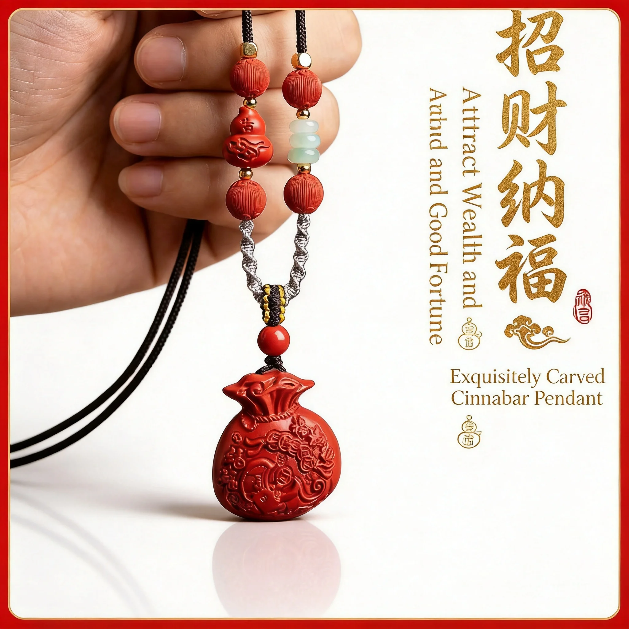 Chinese Style Lucky Cinnabar Carved Money Bag Pendant High Content Red Cinnabar Necklace For Men Women Zodiac Year Blessing Jewe