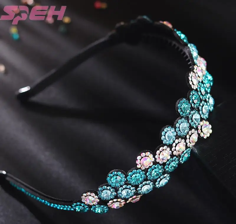 Korean version hair hoop female Rhinestone Flower head hoop wide edge anti-skid leather full drill ornament press hairpin