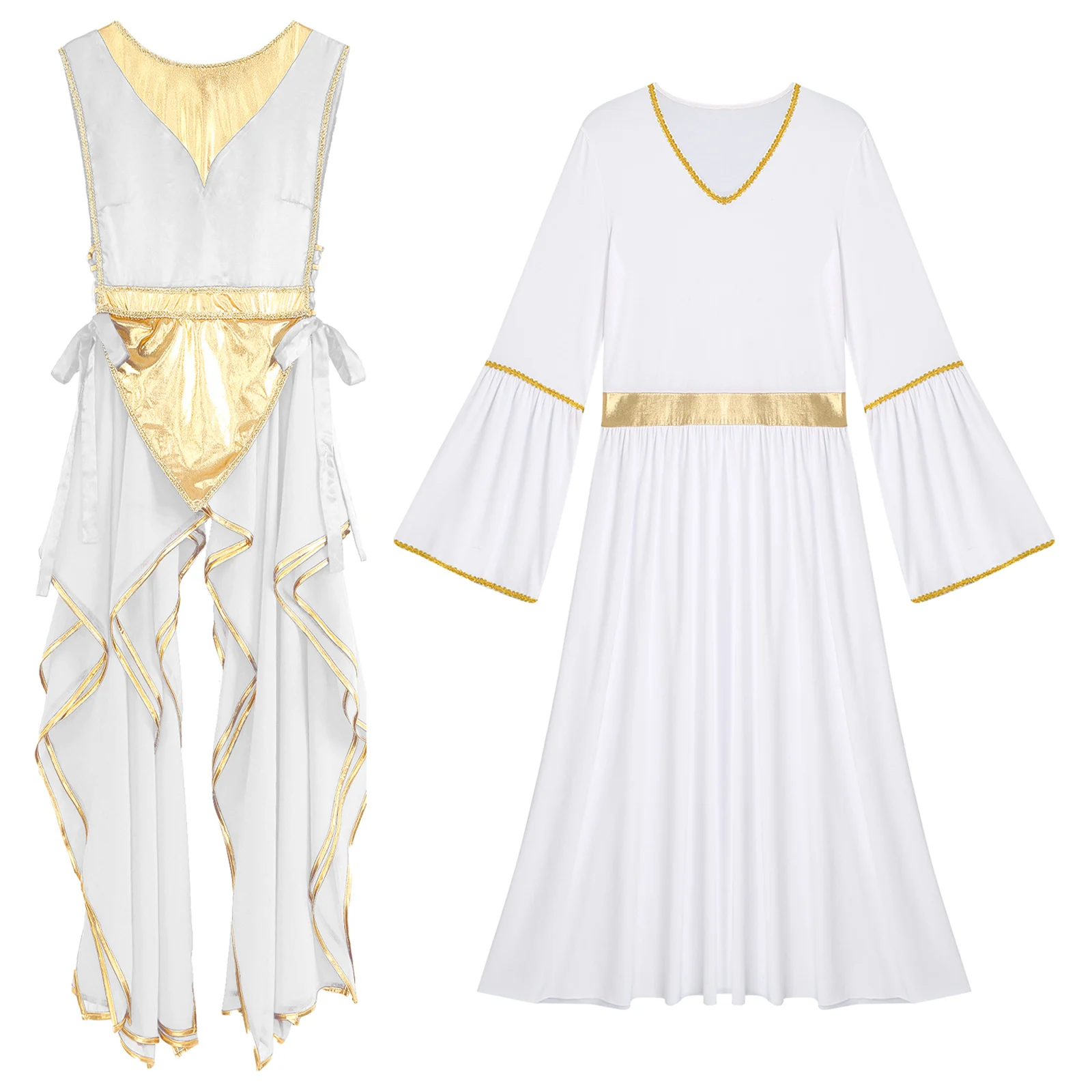 

Women Praise Worship Dance Dance Dress Set Long Sleeve Gold Trim Patchwork Sides Split Lace-up Tunic Modern Lyrical Dance Dress