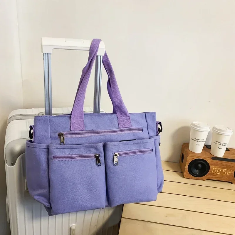 New Solid Color Canvas Zipper Sweet Ladies Tote Bags on Sale 2024 High Quality Large Capacity Concise Shoulder Bags for Women