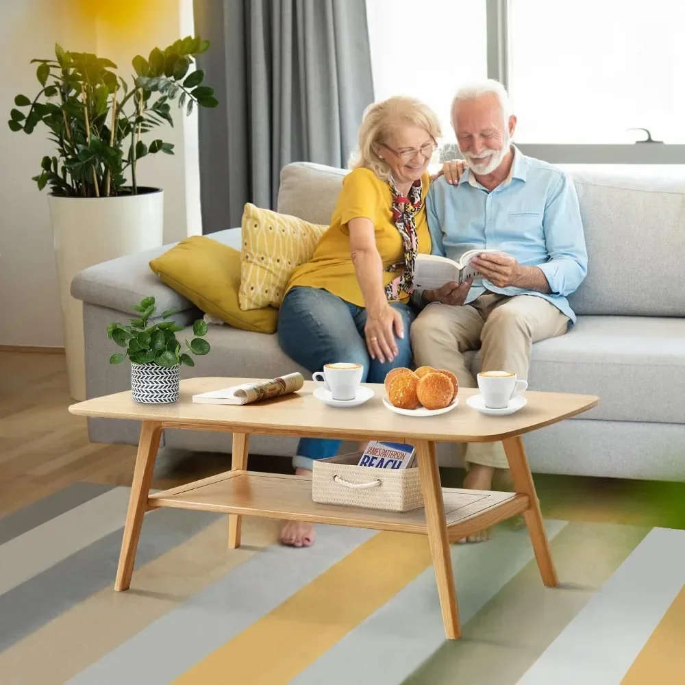 Mesa de centro, mesas de centro de madera maciza con estante de almacenamiento y mesa abierta, mesa de centro