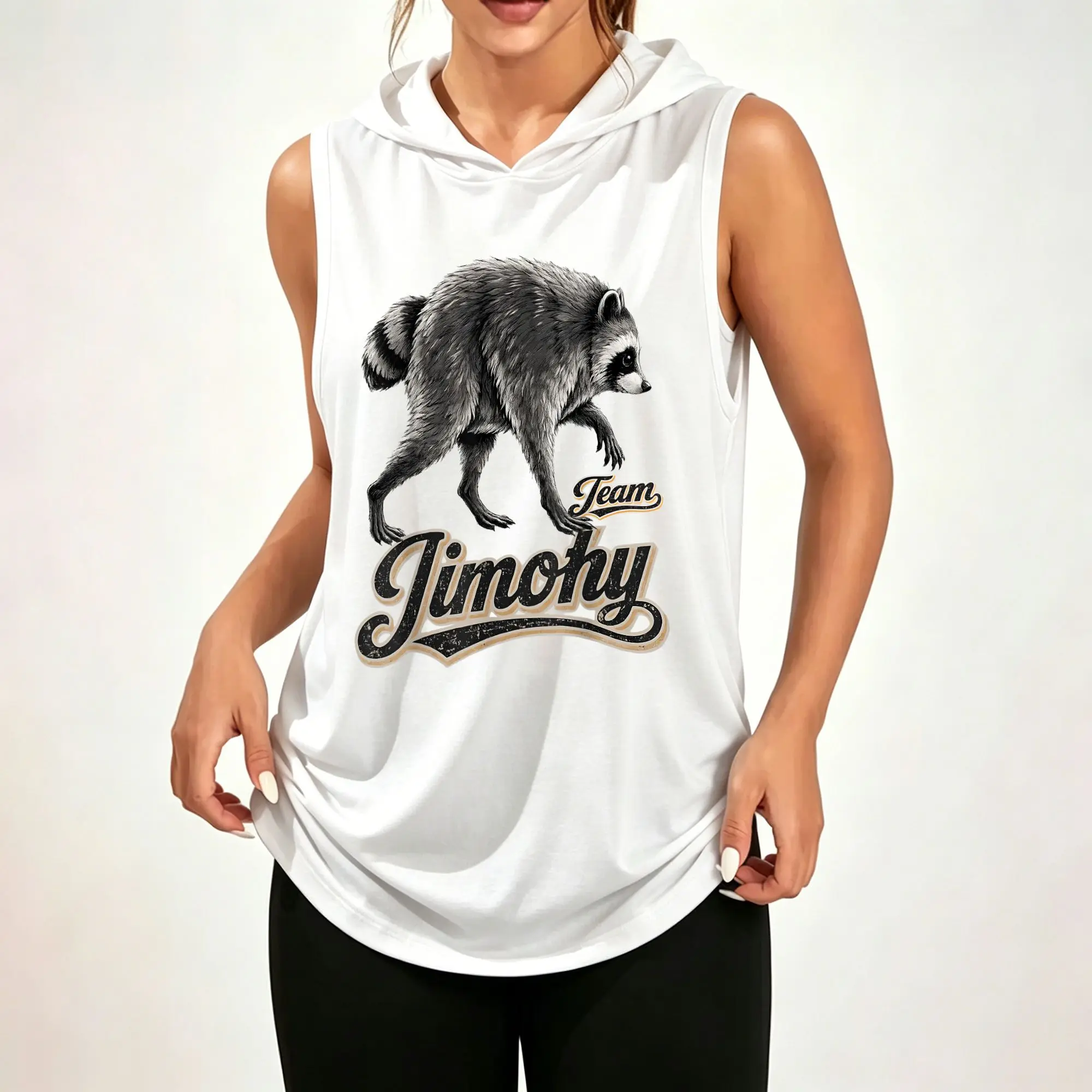 Women's Sleeveless Hoodie, Team Jimothy Raccoon Vintage Sports Letter Graphic Print Casual Hooded Tank Top